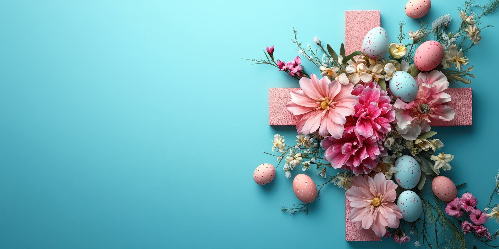 Colorful spring arrangement with flowers and decorative eggs on a light blue background